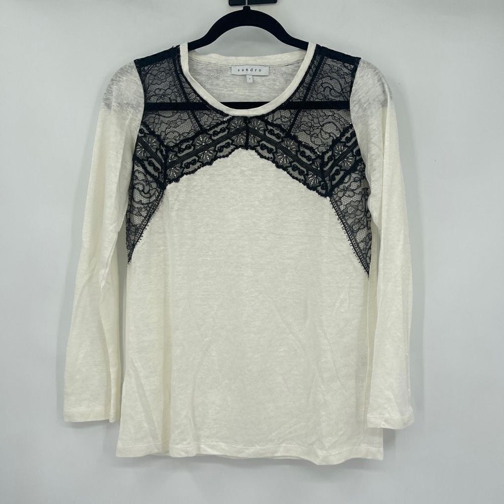 Sandrowomen's White Linen Knitted Black Floral Lace Trim Long Sleeve Sweater Si